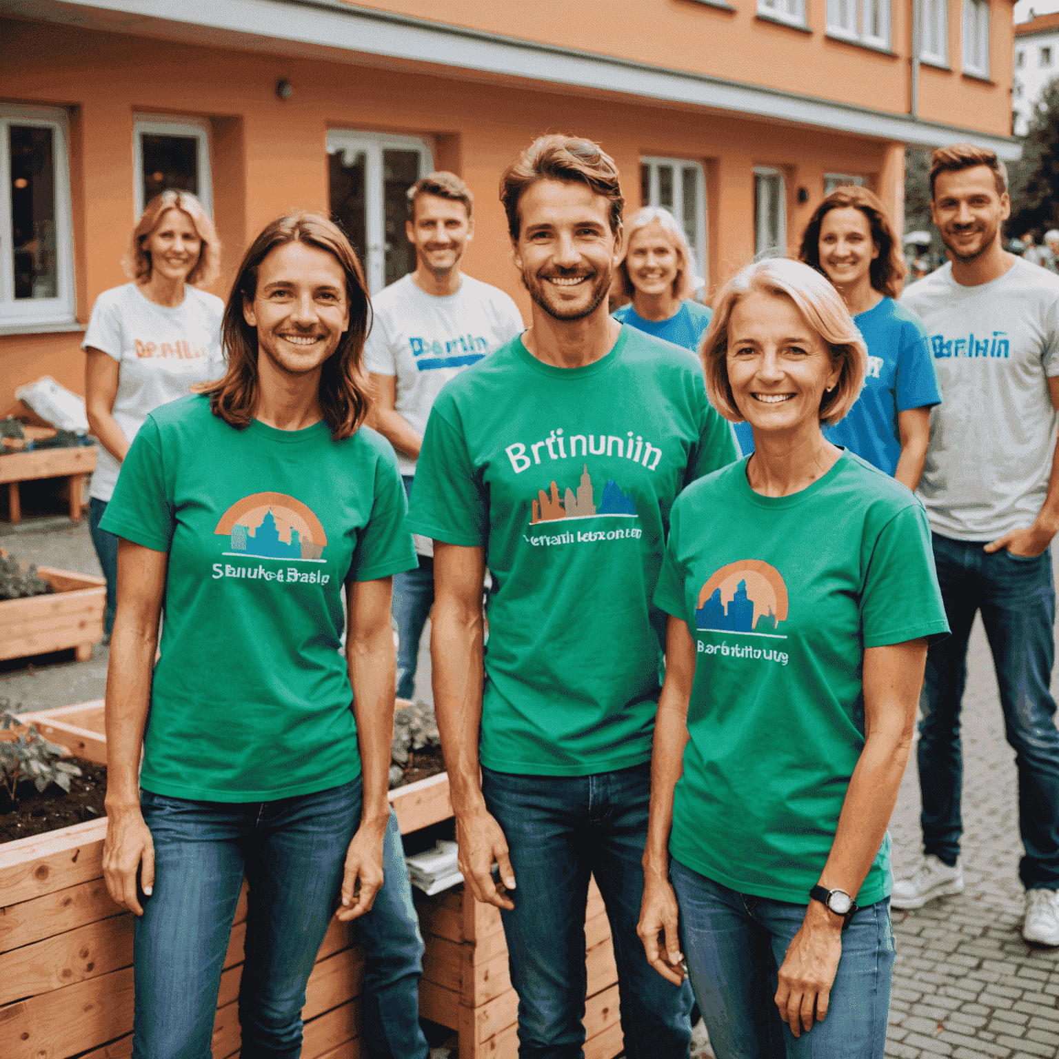 Eine Gruppe von lächelnden Freiwilligen in bunten T-Shirts, die gemeinsam an einem Gemeinschaftsprojekt arbeiten. Im Hintergrund sieht man ein Gemeinschaftszentrum in Berlin Charlottenburg.