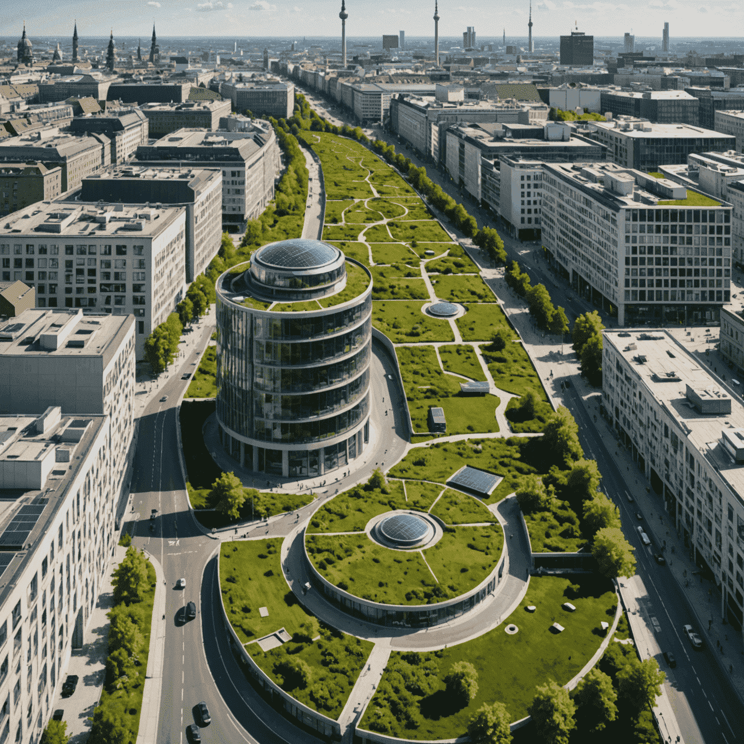 Ein Panoramablick auf Berlin mit grünen Dächern, Solaranlagen und Fahrradwegen, die die nachhaltigen Initiativen der Stadt zeigen