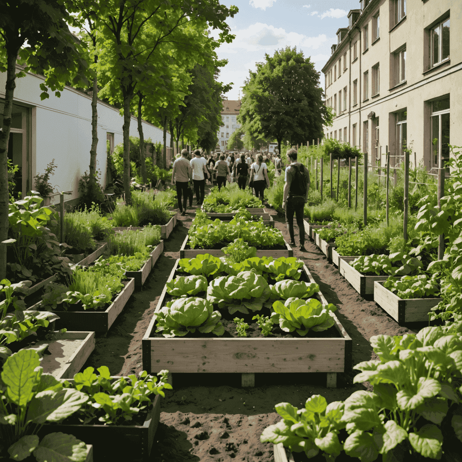Ein lebendiger urbaner Garten in Berlin, in dem Menschen gemeinsam Gemüse anbauen und sich austauschen