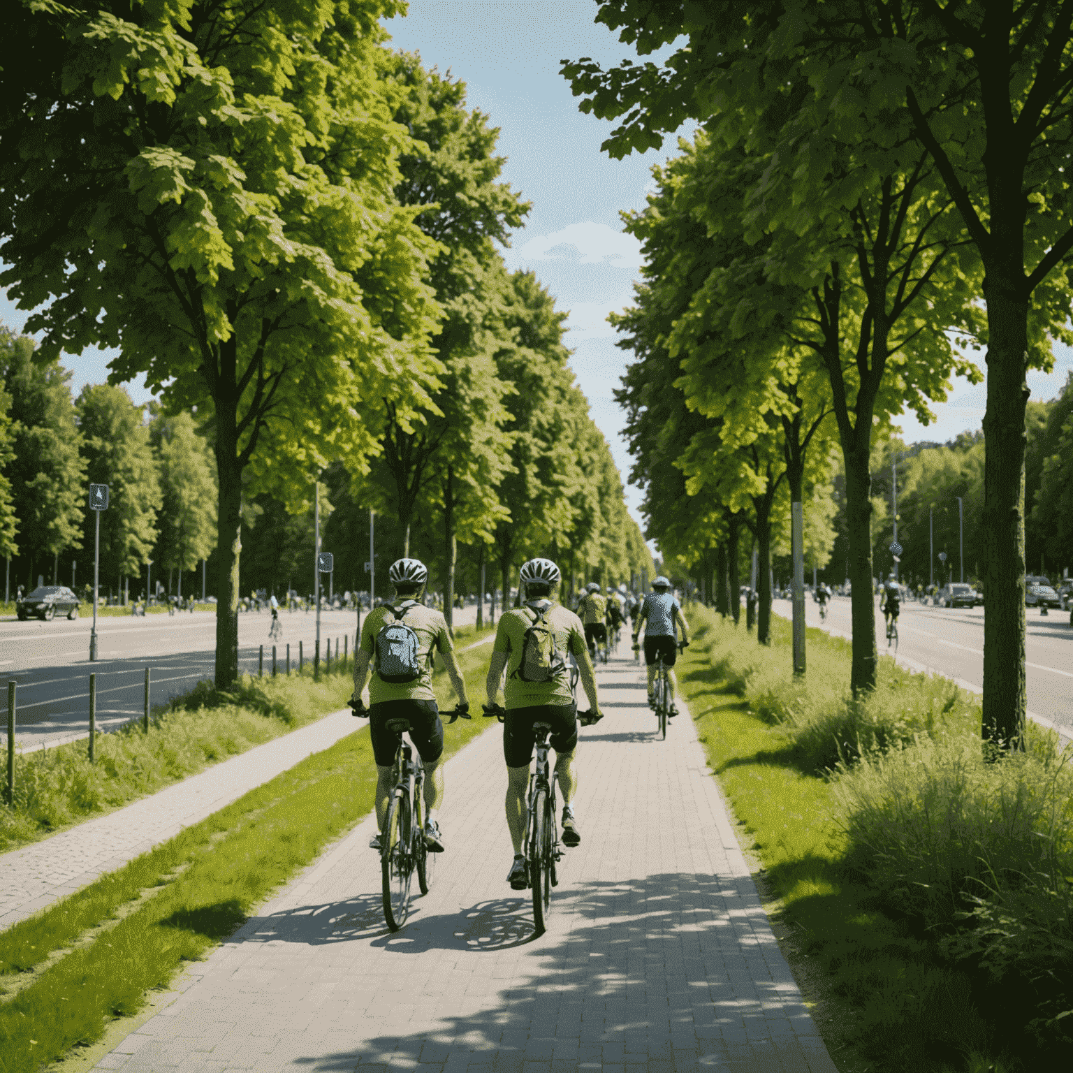 Ein neu angelegter Fahrradweg in Berlin, auf dem viele Radfahrer unterwegs sind, umgeben von grünen Bäumen